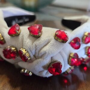 Brianna Cannon Embellished Heart Jewel Headband in Red and Beige